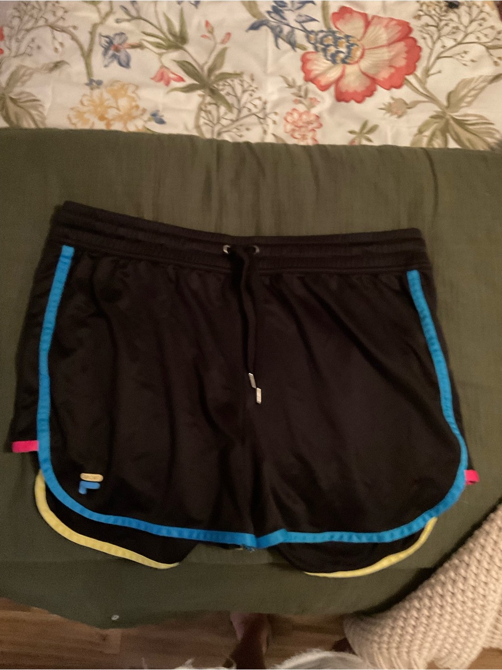 Women’s XL Fila Black Athletic Shorts with Blue and Yellow Trim